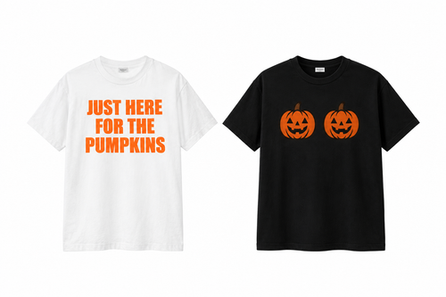 Pumpkin Season Bundle: white Just Here For The Pumpkins tee and black pumpkins tee